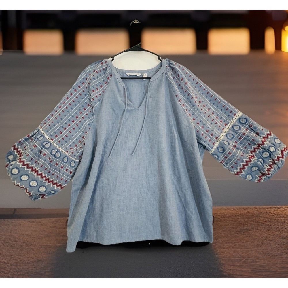 Canyon Retreat Blouse‎ Womens 1X Blue Chambray Embroidered Balloon Sleeve Tunic